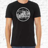 adult-sized black short-sleeved shirt with white Yorkton hometown map design